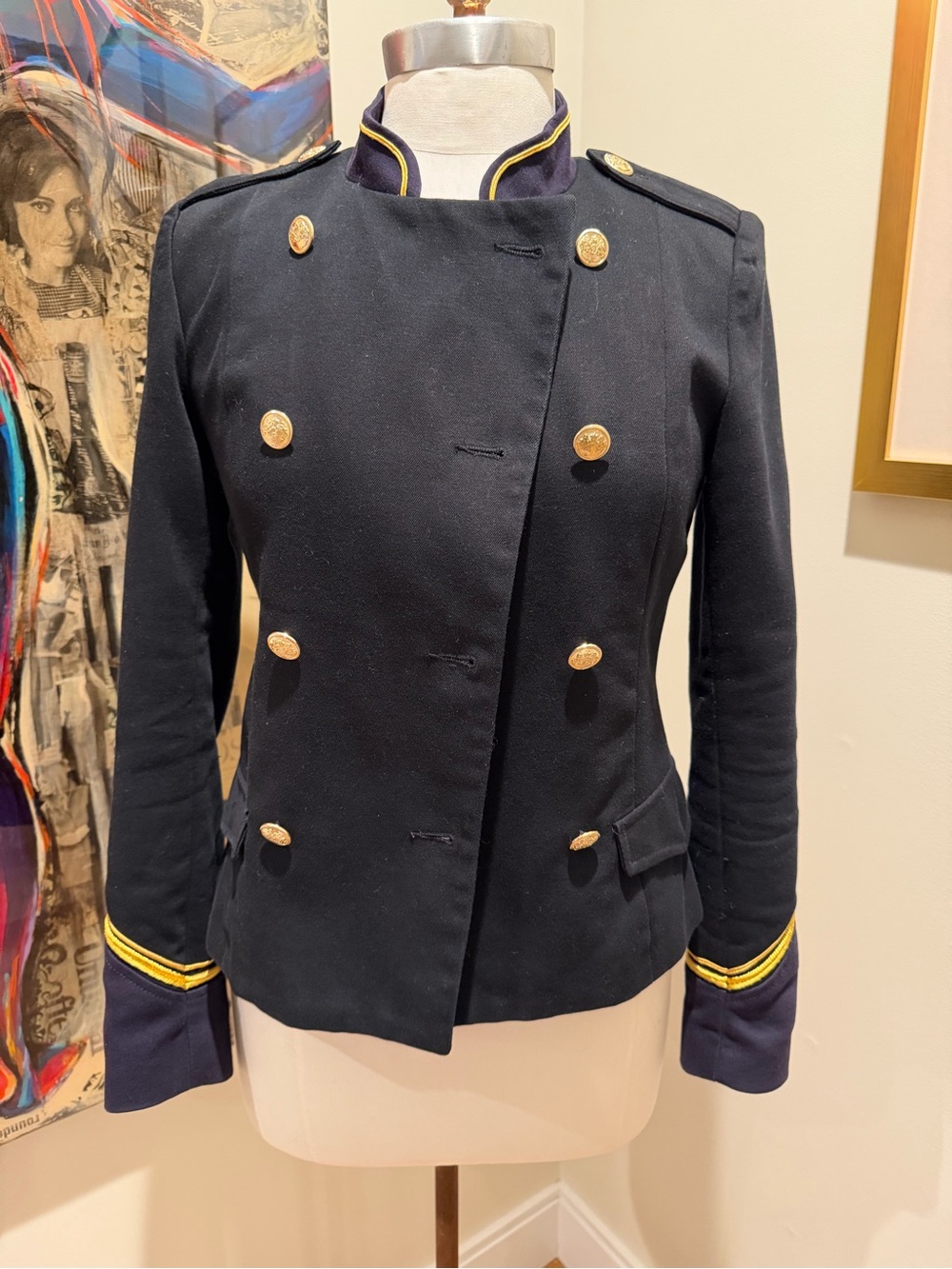 Label of Graded Goods Double-Breasted Navy Pea Coat with Gold Buttons